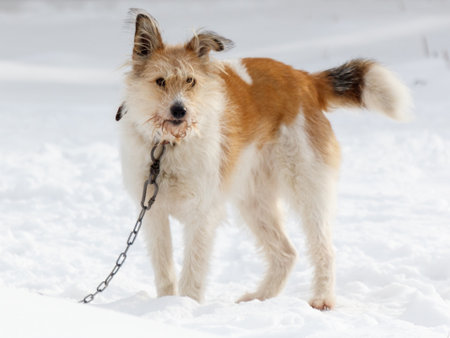A dog is standing in the snow with a chain around its neck. The dog is brown and whiteの写真素材
