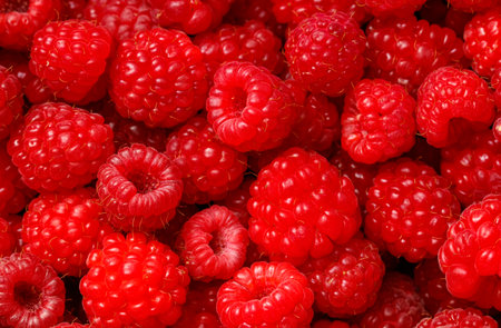 A bunch of red raspberries. They are ripe and ready to eat. The raspberries are small and round