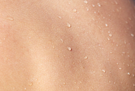 A person's back is wet with water. The water droplets are spread out and covering the entire surface of the backの写真素材
