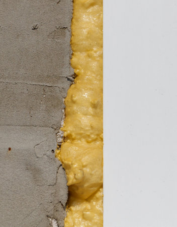 A wall with a yellow foam strip on it. The foam is yellow and has a grainy textureの写真素材