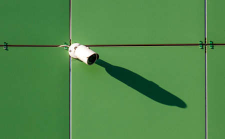 A white camera is on a green wall. The camera is pointing to the right