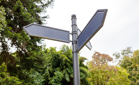 A street sign with a black arrow pointing to the left. The sign is on a pole