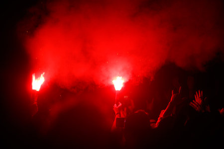 A group of people are holding red torches and are surrounded by smoke. Scene is celebratory and energeticの写真素材
