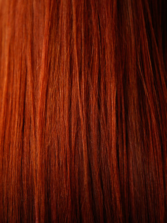 A woman's hair is red and has a lot of volume. The hair is long and is cut in a way that it looks like it is flowingの写真素材