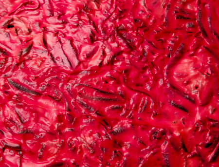 A red dessert with a lot of red stuff on it. The red stuff is made of small pieces of foodの写真素材