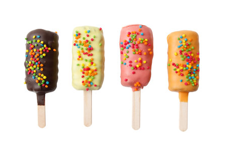 Four different colored ice cream sticks with sprinkles on top. One is green, one is yellow, one is pink, and one is brownの写真素材