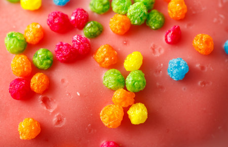 A red surface with colorful candy on it. The candy is in the shape of a ball and is in various colorsの写真素材