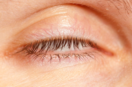A man's eye with a black eyelash. The eyelash is long and brown. The eye is closedの写真素材