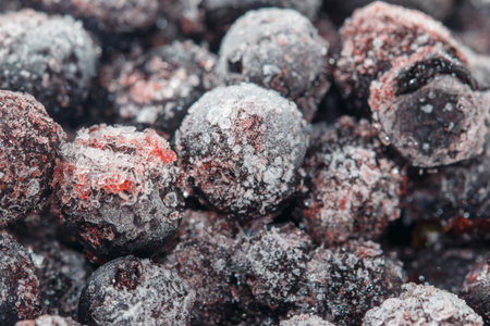 A bunch of frozen blueberries. The berries are covered in ice and snow. They are all different sizes...