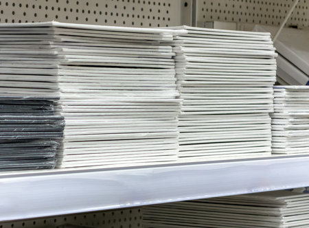A stack of white paper is on a shelf. The paper is white and has a black border
