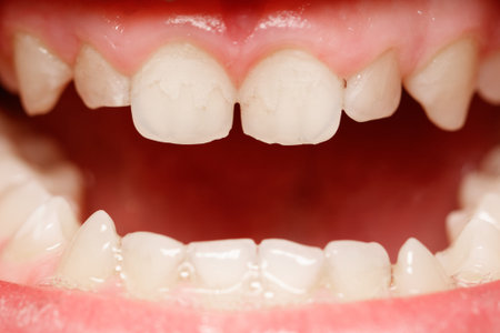 The mouth is open and the teeth are visible. The teeth are white and the gums are pink
