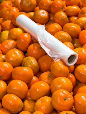 A bunch of oranges are piled on top of each other. A roll of plastic wrap is on top of the orangesの写真素材