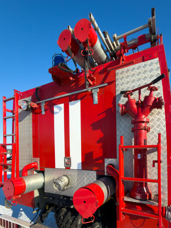 A fire truck with a ladder on the left side of it. The ladder is attached to the side of the truck...