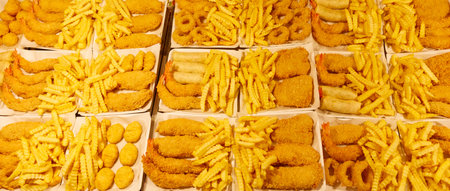 A stack of plates with a variety of food including french fries, chicken wings, and onion rings