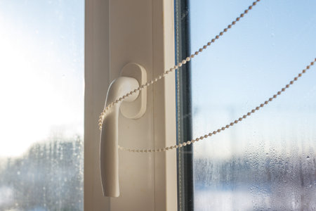 White window handle with chain attached. Frosty glass shows blurred winter landscape. Bright...