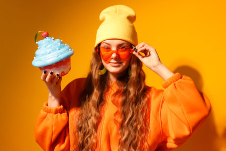 Young woman in orange sweater and yellow beanie. She wears orange sunglasses and holds a cupcake....