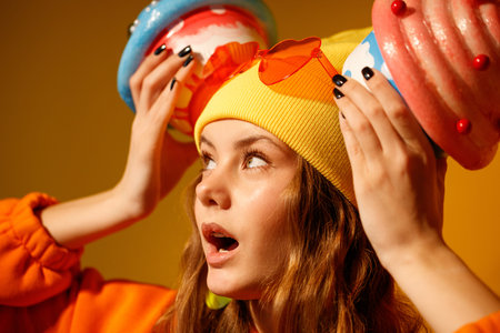 Young woman wearing yellow hat with red bow, holding large colorful ice cream cones. She looks...