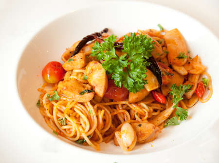 Spaghetti chilli with sausageの写真素材