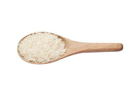 Jasmine rice on wooden scoop on white backgroundの写真素材
