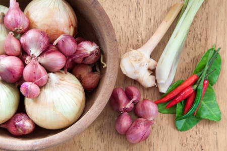 asian hot and spicy food ingredient with onions in wooden bowlの写真素材