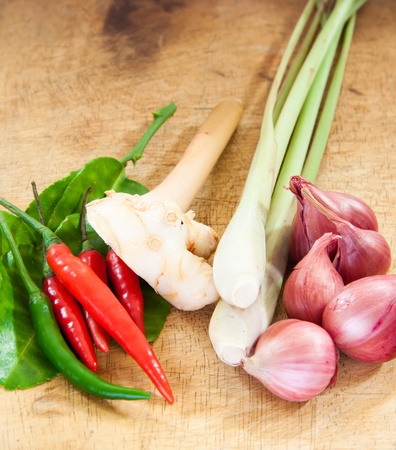 asian hot and spicy food ingredient on woodの写真素材