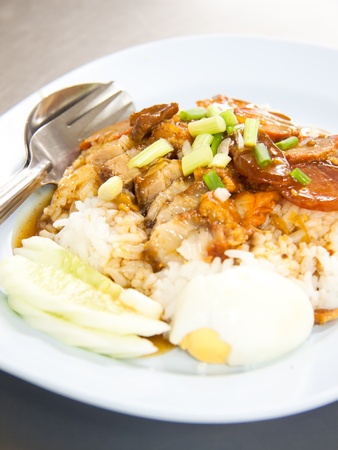 BBQ Pork and Crispy Pork with Rice. Closeup Useful as background for design-works (Thai food)の写真素材