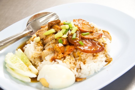 BBQ Pork and Crispy Pork with Rice. Closeup Useful as background for design-works (Thai food)の写真素材