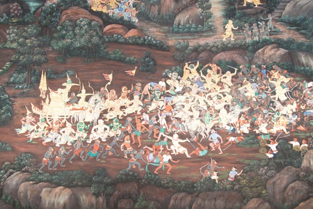 Buddhist Art on the Wall in Thai Temple, bangkokのeditorial素材