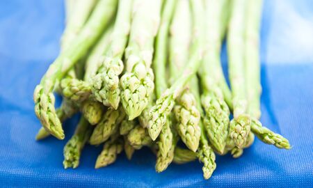 fresh green asparagus tips on blue backgroundの写真素材