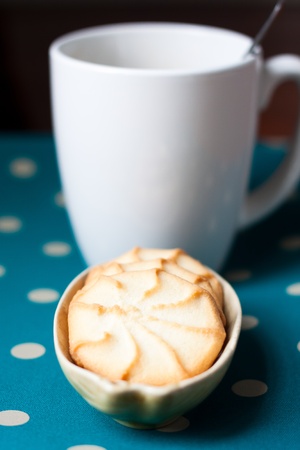plate of coffee and a cup of coffee on green polka dot tableの写真素材