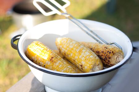 Grilled corns BBQ in a white bowlの写真素材
