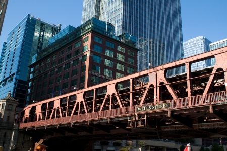 Old bridge accross the river in Chicagoの写真素材