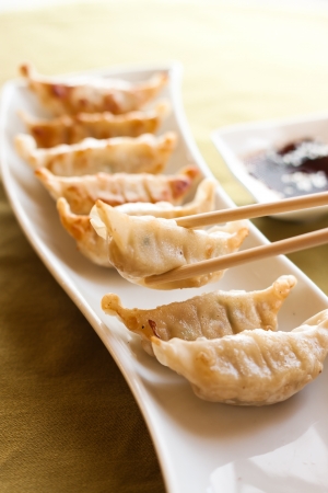 Gyoza and chopsticks on white plateの写真素材