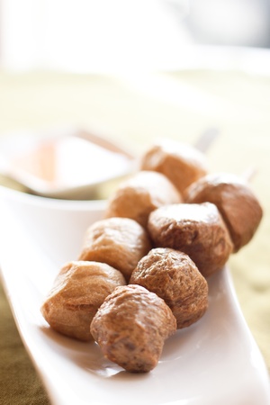 Pork   meat balls, Thai style appetizer on white plateの写真素材