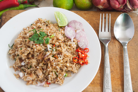Fried rice with vegetables, herb and ingredients in Thai cuisineの写真素材