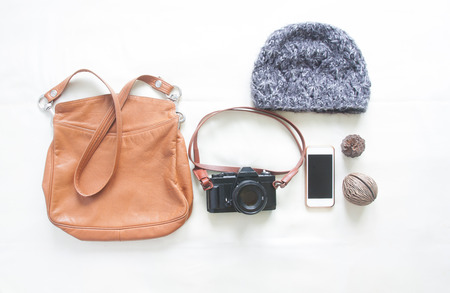 Travel things for traveling on white background top viewの写真素材