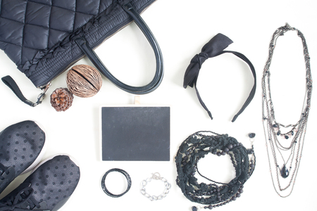 Preparation for party, night life, fashion mock up of beauty items,scarf,sneaker shoes on white background. Flat lay, top viewの写真素材