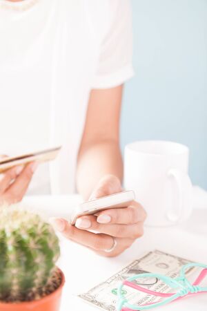 Woman's hands holding mobile phone and credit card. Online shoppingの写真素材