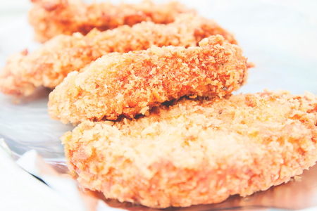 Close up of Japanese food, homemade Tonkatsu Pork cutlet on aluminium foilの写真素材