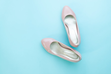 Woman shoes on turquoise color background, Minimal fashionの写真素材