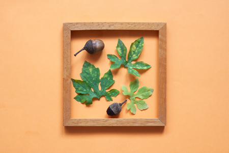 Creative Flat lay of autumn concept decoration, Plant leaves and pine cones in wooden frame on orange color backgroundの写真素材
