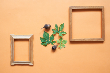 Creative Flat lay of wooden frame with plant leaves and pine cones on orange color background, Autumn compositionの写真素材