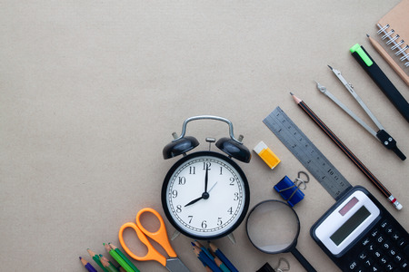 Student's stationary on workspace desk, Flat lay, Top view with copy spaceの写真素材