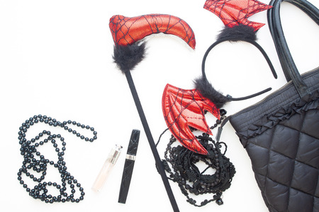 Halloween fashion and party accessories on white background, Top view, flat layの写真素材
