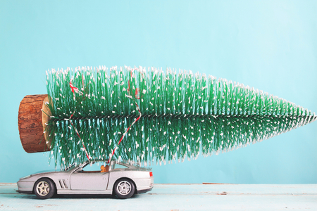 Christmas tree on sport car toy, matt color filterの写真素材