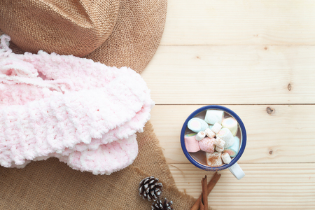 Hot chocolate with marshmallow, Top view, pastel colourの写真素材