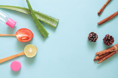 Top view skincare natural ingredients on pastel background, Beauty conceptの写真素材
