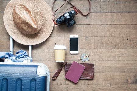 Top view tourist's accessories with smartphone and money. Travel lifestyle conceptの写真素材