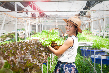 Happy and healthy woman in hydroponics farmの写真素材