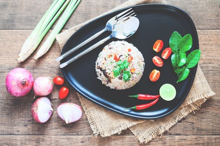 Thai mackerel fried rice with herbs. Traditional spicy fried rice. Top viewの写真素材